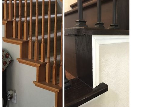 How to Gel Stain an Oak Banister - The Lady DIY Oak Laundry Room, Golden Oak Kitchen Cabinets, White Gel Stain, Golden Oak Kitchen, Stained Interior Doors, Stained Staircase, Staining Hardwood Floors, Painted Stair Railings, Wrought Iron Banister