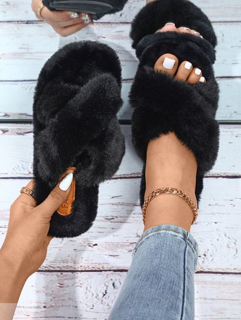 Free Returns ✓ Free Shipping On Orders $49+ ✓. Fluffy Cross Design Slides- Women Home Slippers at SHEIN. Plain Bedroom, Beige Slippers, Yellow Slippers, Purple Slippers, Trendy Slippers, Green Slippers, Fluffy Shoes, Grey Slippers, Fluffy Slippers