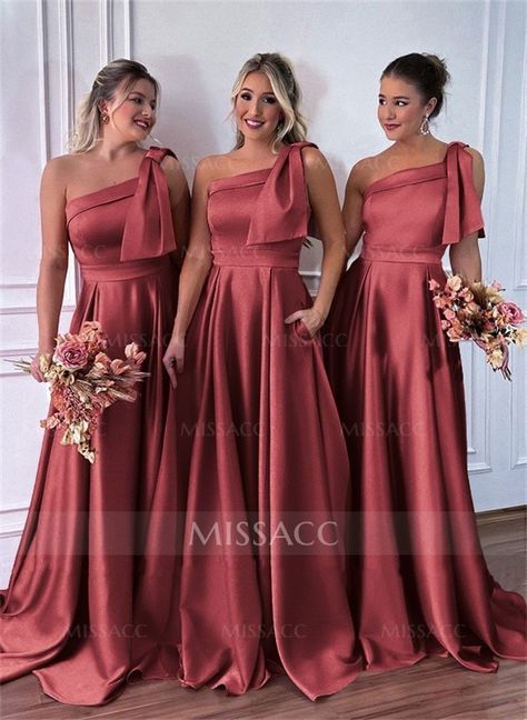 One-Shoulder A-Line Satin Bridesmaid Dresses With Pockets Off Shoulder Bridesmaid Gown, Bridesmaid Satin, Bridesmaid Colors, Sparkle Wedding Dress, Dresses With Pockets, Bridesmaid Dress Colors, Satin Bridesmaid Dresses, Satin Wedding Dress, Bridesmaids And Groomsmen