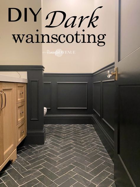 Waynes Coating Ideas, Hanging Bed Diy, Black And White Powder Room, Waynes Coating, White Powder Room, Applied Molding, Black Wainscoting, Painted Wainscoting, Wainscoting Bathroom