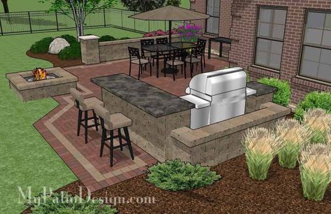 Large Brick Patio Design with Grill Station-Bar | Downloadable Plan – MyPatioDesign.com Fire Pit Layout, Small Patio Design, Brick Paver Patio, Patio Plans, Patio Grande, Patio Layout, Brick Patio, Patio Pavers Design, Outdoor Patio Bar