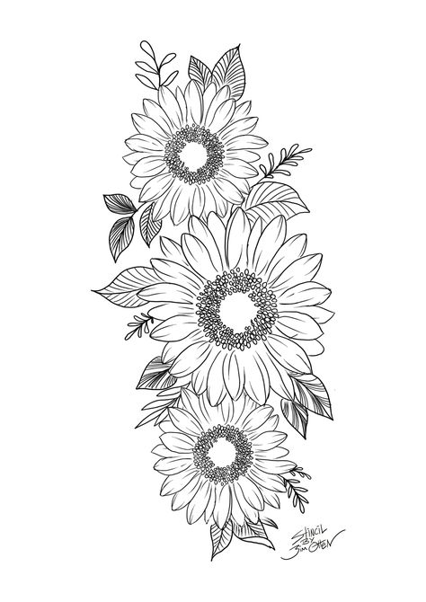 5 Sunflowers Tattoo, Sunflower Drawing Simple Step By Step, Sunflower Wrap Around Tattoo, Sun Flowers Drawing, Flower Pounding, Flower Tattoo Stencils, Wrap Around Tattoo, Full Leg Tattoos, Beadwork Ideas