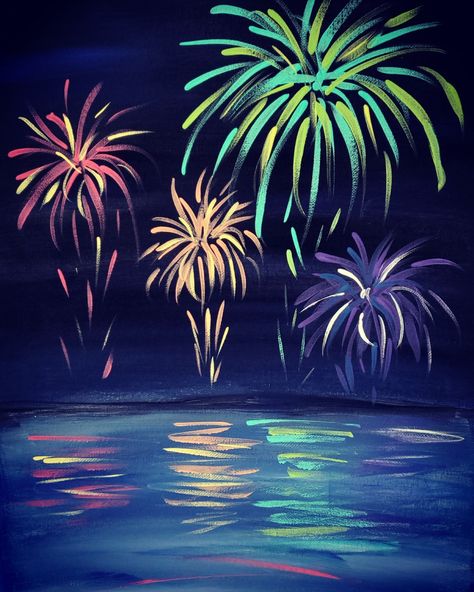 Fireworks Chalkboard Art, Chalk Pastel Fireworks, Fireworks Painting Easy, Firework Chalk Art, New Year Painting Ideas Easy, Firework Painting Easy, Acrylic Painting Fireworks, How To Draw Fireworks Easy, How To Draw A Firework