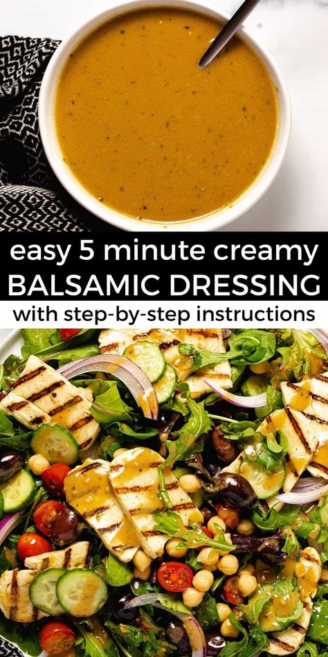 6 Ingredient Creamy Balsamic Dressing (no mayo!) Creamy Balsamic Vinaigrette, Balsamic Dressing Recipe, Creamy Balsamic Dressing, Balsamic Vinegar Dressing, Balsamic Vinegar Recipes, Marinade For Chicken, Balsamic Vinaigrette Recipe, Italian Diet, Halloumi Salad