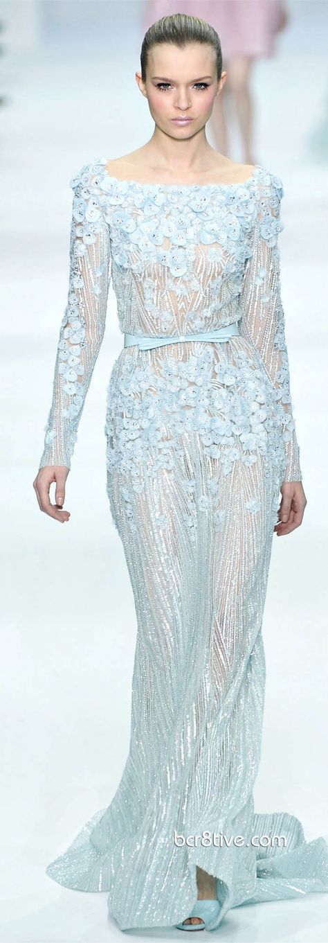 Elie Saab Spring Summer 2012-2013 Haute Couture Blair Waldorf wore this in the series finale as her wedding dress <3 Eli Saab, Baju Kahwin, Long Sleeve Embroidered Dress, Ellie Saab, Elie Saab Spring, Elie Saab Couture, 파티 드레스, Josephine Skriver, Wedding Colors Blue