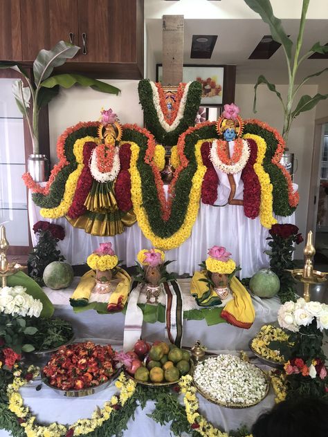 Sathyanarayana Pooja Decoration At Home, Satyanarayana Pooja Decoration Ideas, Pooja Photos, Pooja Design, Diy Cards For Boyfriend, Hindu Statues Goddesses, Puja Decor, Varalakshmi Pooja, Lakshmi Pooja