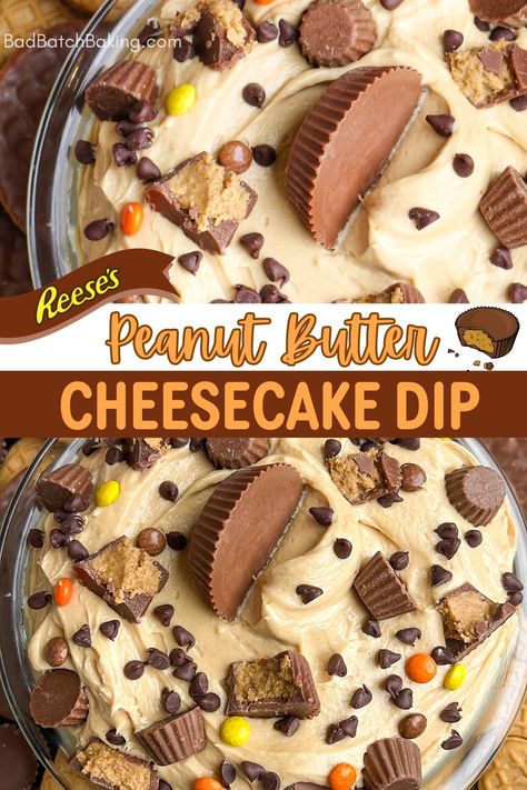 peanut butter cheesecake dip Peanut Butter Cheesecake Dip, Reese's Peanut Butter Cheesecake, Peanut Butter Cheesecake Recipes, Digestive Cookies, Restaurant Copycat Recipes, Batch Baking, Flavored Whipped Cream, Oreo Thins, Caramel Apple Dip