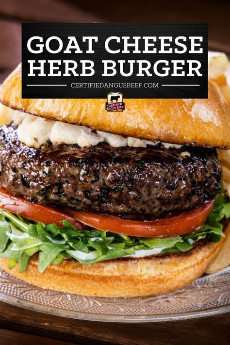 Goat Cheese Burger Recipes, Goat Cheese Burger, Angus Burger, Gf Dinner, Goat Recipes, Healthy Burger, Goat Cheese Recipes, Gourmet Burgers, Beef Burger