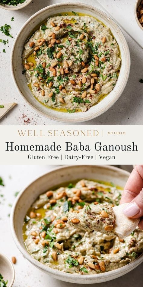 #wellseasonedstudio #eggplant #babaganoush #eggplantdip Homemade Babaganoush, Baba Ghanoush Recipe, Vegetarian Dip, Babaganoush Recipe, Roasted Eggplant Dip, Eggplant Dip, Baba Ganoush, Arabian Night, Toasted Pine Nuts