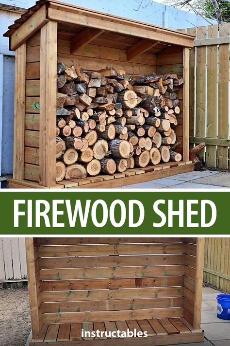 This firewood shed is a great way to keep your firewood stored and at the ready. #Instructables #workshop #woodworking #woodshop #storage Pallet Wood Fire Storage, Rustic Wood Shed Ideas, Shed For Firewood, Woodpile Storage Ideas, How To Build A Wood Shed, Log Shed Ideas Firewood Storage, Wood Shelter Diy Firewood Storage, Split Wood Storage, Firewood Storage Shed