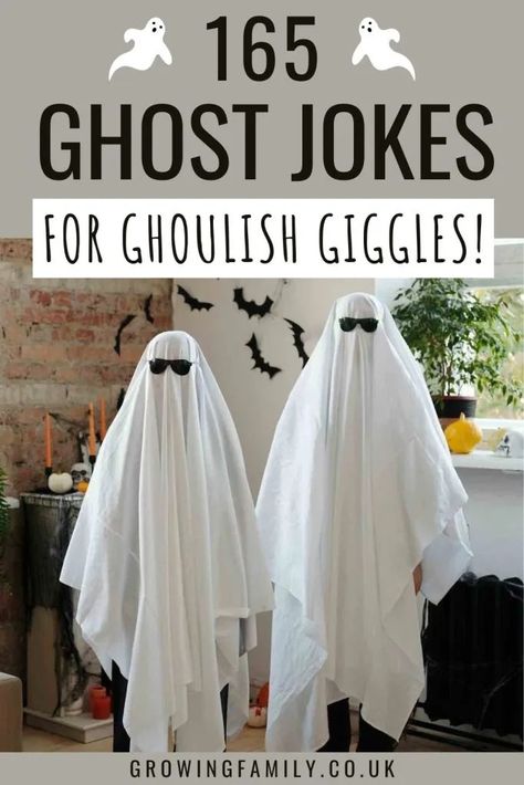 165 best ghost puns and ghost jokes for spooky fun - Growing Family Funny Ghost Halloween Costumes, Ghost Quotes Funny, Ghost Jokes, Kid Friendly Jokes, Pun Costumes, Ghost Puns, Ghost Quote, Ghost Family, Family Friendly Games