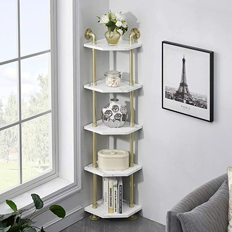 Amazon.com: Ivinta Corner Bookshelf with Storage, Wall Mount Pipe Shelves, White Corner Shelf Stand, Gold Metal Décor Bookcase , Modern Shelf Organizer Display Stand Rack for Bedroom, Bathroom, Living Room : Home & Kitchen Corner Shelf Stand, White Corner Shelf, Bookshelf With Storage, Walmart Decor, Bookcase Modern, Record Rack, Corner Bookshelf, Shelf Stand, White Bookshelves