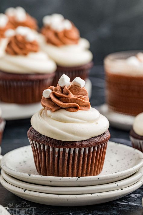 Hot Chocolate Cupcakes - Mom On Timeout Peppermint Hot Chocolate Cupcakes, Pepsi Cupcakes, Cocoa Whipped Cream, Hot Cocoa Cupcakes, Bourbon Cupcakes, Soda Cupcakes, Hot Chocolate Cupcakes, Chocolate Cupcakes Filled, Crockpot Hot Chocolate