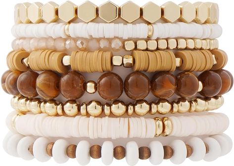 Amazon.com: GOOJIDS Surfer Heishi Clay Bead Bracelets for Women Bohemian Stackable Gold Beaded Stretch Bracelets Elastic Layering Friendship Bracelets Boho Jewelry Gifts (X-Light Brown Set): Clothing, Shoes & Jewelry Clay Bead Bracelets, Stackable Beaded Bracelets, Bracelets Boho, Mens Cross Necklace, Beachy Jewelry, Surfer Bracelets, Brown Bracelet, Clay Bead, Bohemian Bracelets