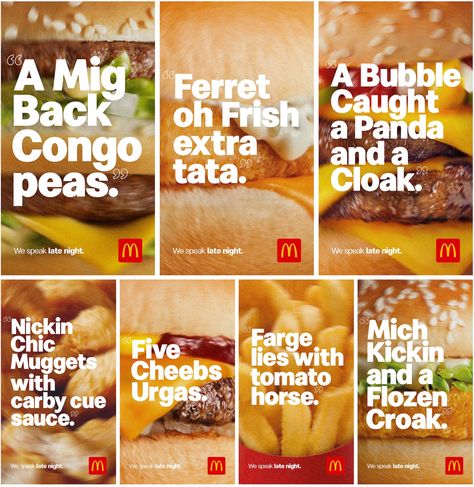 McDonald’s new ads are as tipsy as its late-night customers | Ad Age Mcdonalds Graphic Design, Food Print Ad, Headline Design, Creative Advertisement, Copywriting Ads, Copywriting Portfolio, Copy Ads, Digital Advertising Design, Word Poster