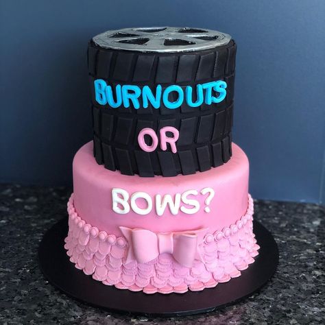 Burnouts And Bows Cake, Gender Reveal Cake Burnouts Or Bows, Mustang Gender Reveal, Gender Reveal Biker Theme, Gender Reveal Ideas Truck Exhaust, Tires Or Bows Gender Reveal, Burn Out And Bows Gender Reveal, Gender Reveal Ideas Burnout, Gender Reveal Race Car Ideas