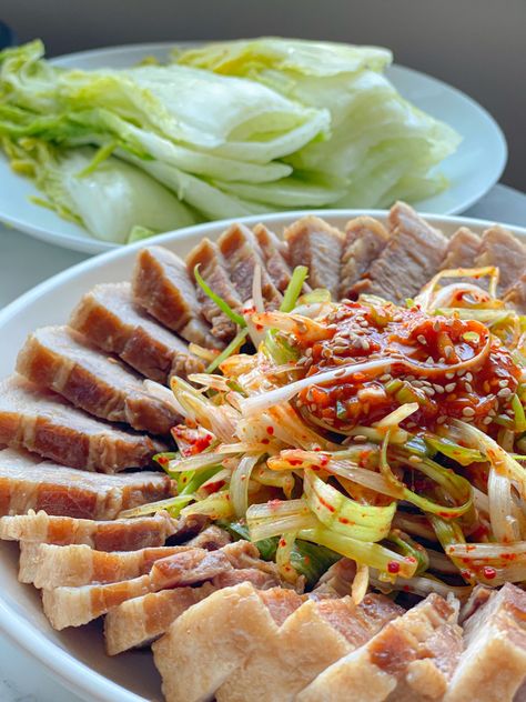 Korean Bossam (Pork Wraps) - Cook With Dana Bossam Recipe Pork Belly, Steamed Pork Belly, Gourmet Korean Food, Bossam Korean Pork Belly Recipe, Bossam Korean Pork Belly, Bossam Korean, Boiled Pork Belly, Korean Pork Belly, Belly Wraps