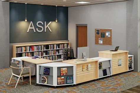 Circulation desks for Libraries, Schools and Media Centers Library Furniture School, Library Furniture Design, Circulation Desk, Public Library Design, School Library Design, Library Desk, Teen Library, Modular Desk, High School Library