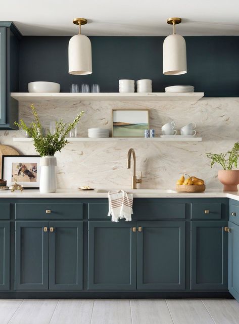 Teal Cabinets White Countertops, Backsplash Kitchen Blue Cabinets, Kitchen Ideas Turquoise, Agean Teal Kitchen, Kitchen Teal Cabinets, Teal Accent Kitchen, Dark Teal Kitchen Walls, Deep Teal Kitchen, Dark Teal Cabinets