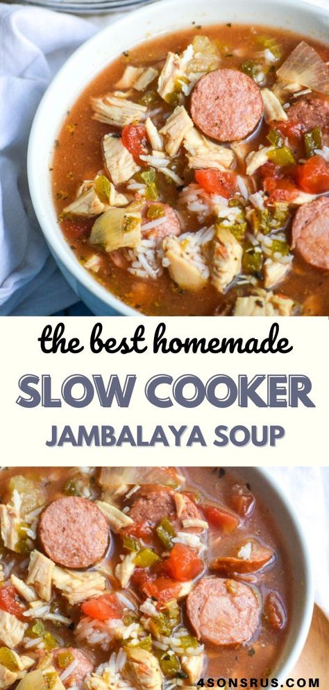 Slow cooker jambalaya soup offers big flavor with minimal work. Make it in the morning for an easy, set it and forget it dinner any night of the week. Jambalaya Recipe Slow Cooker, Jambalaya Recipe Crockpot, Jambalaya Soup, Jambalaya Recipe Healthy, Healthy Jambalaya, Jambalaya Recipe Easy, Slow Cooker Jambalaya, Jambalaya Recipe, Soup Recipes Slow Cooker