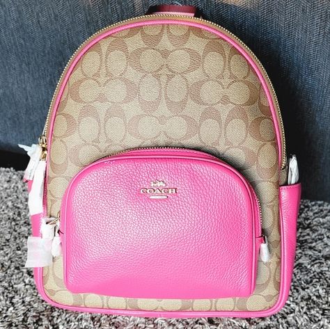 Coach backpack color: Bold Pink/khaki Pink Coach Backpack, Coach School Bag, Mochila Coach, Pink Coach Purses, Coach Backpack, Disney Paintings, Trendy Purses, Wishlist 2024, Bedrooms Ideas