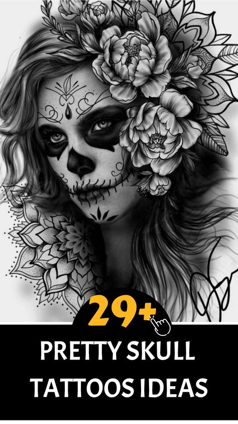 Discover an enchanting collection of skull tattoos that beautifully merge elegance with a touch of darkness. Adorned with intricate details and feminine features, these stunning tattoos blend allure and edge effortlessly. Find the design that resonates most with your individuality and fashion sense. Sugar Skull Tattoos For Women, Cute Skull Tattoos, Skull With Flowers Tattoo, Pretty Skull Tattoos, Floral Skull Tattoos, Girly Skull Tattoos, Day Of The Dead Tattoo, Indian Tattoo Design, Feminine Features