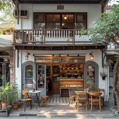 Vintage Cafe Exterior Design, Cafe Building Exterior, Cafe And Apartment Exterior, Coffee Shop Storefront Design, Coffee Exterior Design, Cafe Set Up, Two Story Coffee Shop, Korean Restaurant Exterior, Japan Cafe Design