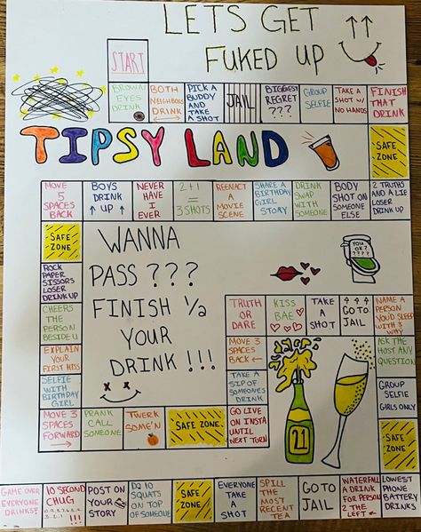 drinking board game diy dice candyland tipsy board game ideas 20 Birthday Games Ideas, 21 Games Drinking, Drinks For 18th Birthday Party, Party Games No Drinking, Party Drinking Ideas, Drinking Birthday Games, Drink Board Games, Cards Against Humanity Drinking Game, 21 Party Games