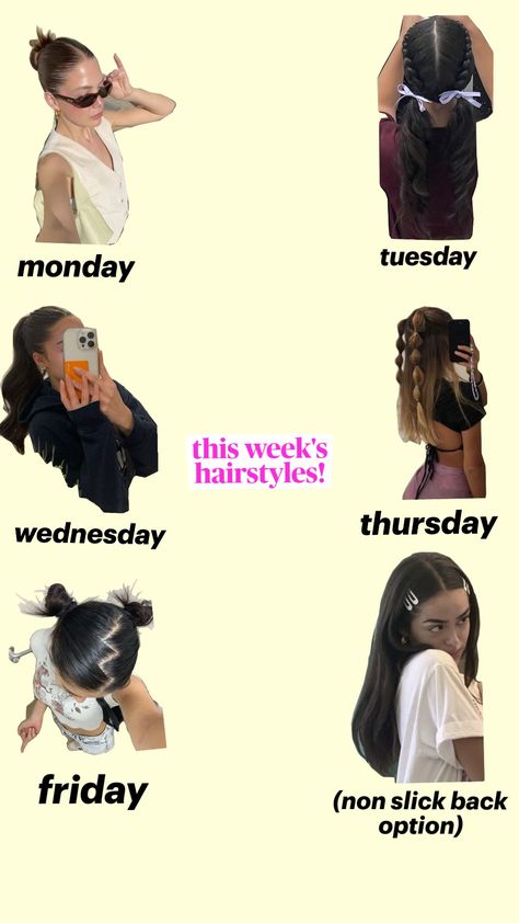 my hairstyles this week! (almost every day I need my hair back bc I do sport 4 times in the school week) Hairstyles With Sweatpants, Hairstyles For Sports Day At School, Hairstyles For Trampoline Park, Weekly Hairstyles For School, Hair Of The Week, Days Of The Week Hairstyles, Hairstyles Of The Week, Full Week Of Hairstyles, Day 2 Hairstyles