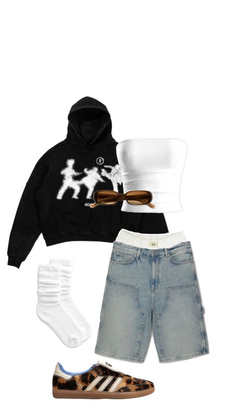 fit inspo, style, sambas, cheetah, summer outfit, jorts, hoodie Style Sambas, Sambas Outfit, Jorts Outfit, Cute Highschool Outfits, Samba Outfit, Outfit Hoodie, Streetwear Clothes, Chill Outfits, Cute Everyday Outfits