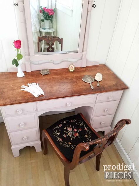 Vintage Vanity with Paint & Stain Combination by Prodigal Pieces | prodigalpieces.com Childrens Vanity, Kitchen Desk Areas, Stripping Furniture, Vanity Makeover, Kitchen Desks, Kitchen Desk, Vanity Dresser, Mahira Khan, Desk Areas