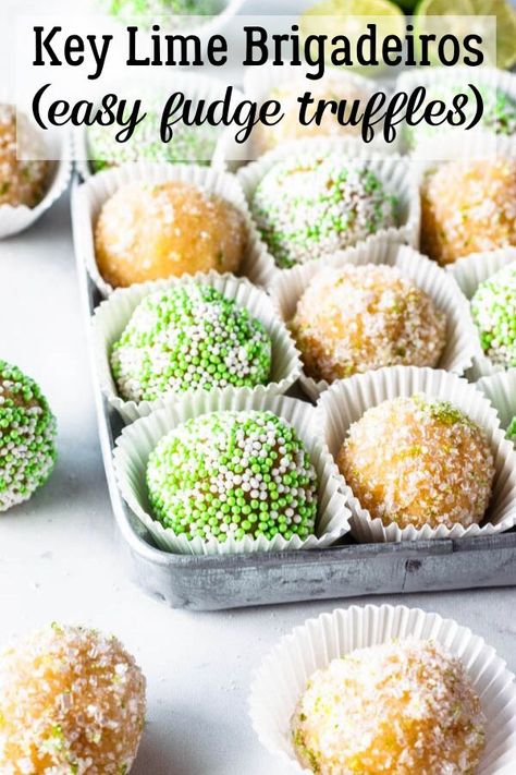 Key Lime Brigadeiros, fudge truffles #truffles #fudge #brigadeiros #keylime #sweets #fudgeballs #sprinkles #party #birthday #treats #christmas #desserts #gift #brazilian #condensedmilk #sprinkles #easy #nobake #celebration Key Lime Pie Cake, Key Lime Fudge, Fudge Truffles, Pies And Tacos, Brigadeiro Recipe, Key Lime Recipes, Sprinkles Party, Key Lime Desserts, Easy Truffles