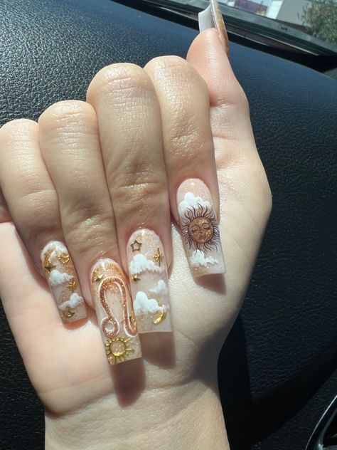 Summer Birthday Nails Square, Earth Sign Nails, Brown Bling Acrylic Nails, Gold Leo Nails, Astrology Nails Acrylic, Leo Bday Nails, Fall Birthday Nails Almond, Aries Zodiac Nail Designs, Leo Acrylic Nails Zodiac