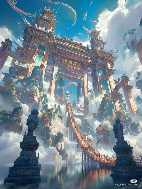 Japanese Fantasy City, Night Kingdom, Dreamscape Architecture, Dreamy Artwork, Landscape Concept, Chinese Landscape, Pretty Landscapes, Pretty Images, Fantasy City