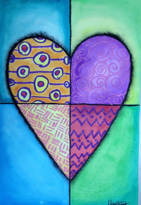 Heart Art Projects, Valentine Art Projects, Elementary Lessons, Arte Doodle, 2nd Grade Art, 4th Grade Art, 5th Grade Art, 3rd Grade Art, Senior Activities