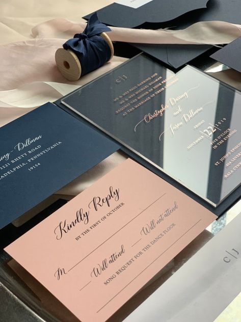 Clear Invitations, Navy Blue And Rose Gold, Acrylic Invites, Bridesmaid Thank You Cards, Clear Acrylic Wedding Invitations, Pretty Invitations, Acrylic Wedding Invitation, Rose Gold Invitations, Double Sided Business Cards