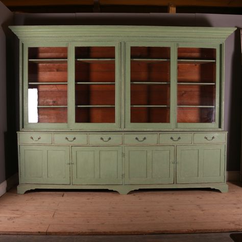 Antique DRESSERS / SIDEBOARDS - Stunning mid 19th C English painted kitchen dresser with glazed sliding doors and adjustable shelving to the top section. 1840 The worktop on the dresser base is 308cm wide.. Wood Lower Cabinets White Upper, Cupboard In Kitchen, Dish Cupboard, Old English Kitchen, Stucco Cottage, Antique Kitchen Cupboard, Painted Bookcases, Boxwood Manor, Adirondack Decor