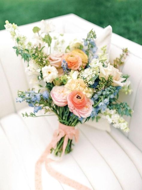 15 Beautiful Spring Wedding Bouquets For Spring Couples Blue Pink Orange Wedding Bouquet, Early June Wedding Flowers, Summer Wedding Astethic, Blue Colorful Wedding Flowers, Colorful Bouquets Wedding, Colorful Spring Bouquet Wedding, Spring Garden Wedding Bouquet, Whimsical Garden Wedding Ceremony, Wedding Florals With Blue