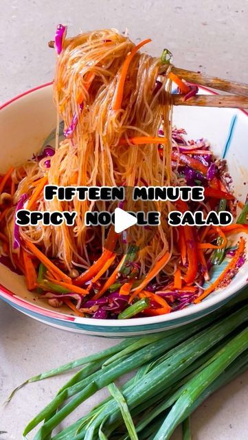 Ayushi Gupta-Mehra on Instagram: "FIFTEEN MINUTE SPICY NOODLE SALAD ! The perfect recipe for busy working lunch when you want to throw together an easy and refreshing dish that’s substantive too!   You can prep any noodles for this recipe.  Here I’m using glass noodles , cooked according to the package instructions by first soaking in water for 7-8 minutes, following which the noodles were added to a pot of hot water and  blanched for another few minutes / until cooked. The noodles should be soft and chewy. Drain and immediately shock with cold water.   Next prep your favourite veggies. Here I have: - Purple cabbage , shredded - Carrots, cut lengthwise into “matchsticks” - Bell peppers, sliced lengthwise - Sliced spring onions   For the dressing, to a heatproof bowl add: - 2-3 tsp minced g Lunch Ideas Salad, Ayushi Gupta, Glass Noodles Recipe, Glass Noodle Salad, Cabbage And Noodles, Spicy Noodle, Vietnamese Noodles, Meat Free Monday, Thai Salads