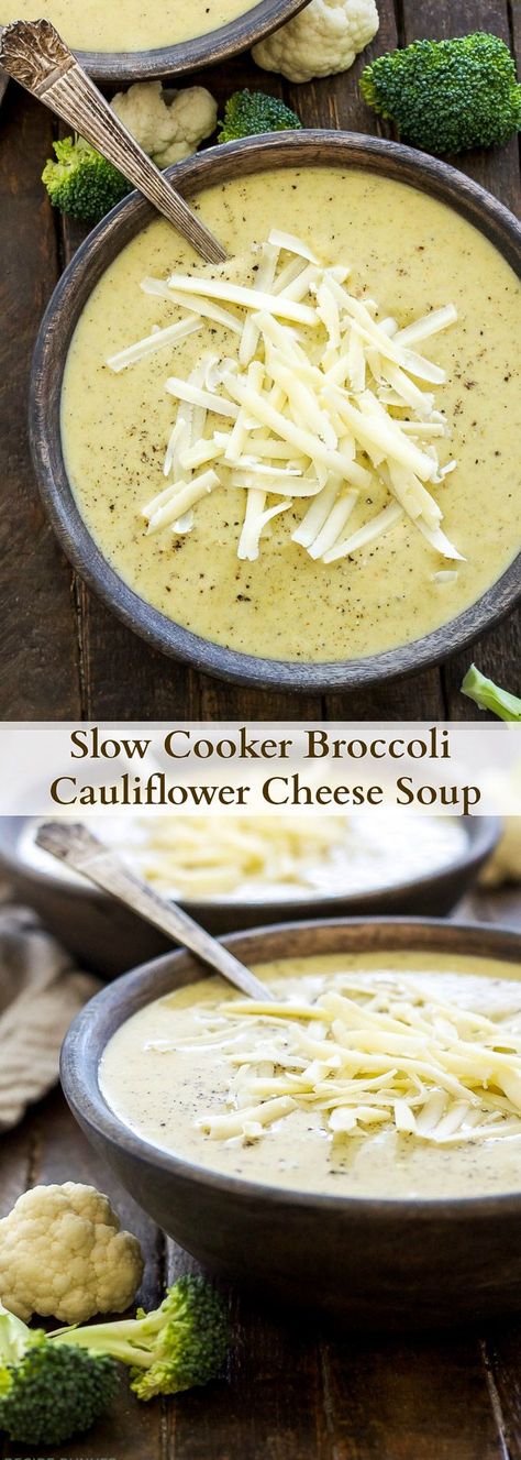 Slow Cooker Broccoli Cauliflower Cheese Soup | Loaded with broccoli, cauliflower and extra sharp cheddar cheese, this healthy slow cooker soup couldn't be easier to make! {Gluten free, vegetarian} Broccoli Cauliflower Cheese Soup, Healthy Slow Cooker Soup, Broccoli Cauliflower Cheese, Quick Slow Cooker Meals, Cauliflower Cheese Soup, Broccoli And Cheese Soup, Recipe Runner, Cauliflower Cheese Soups, Slow Cooker Broccoli