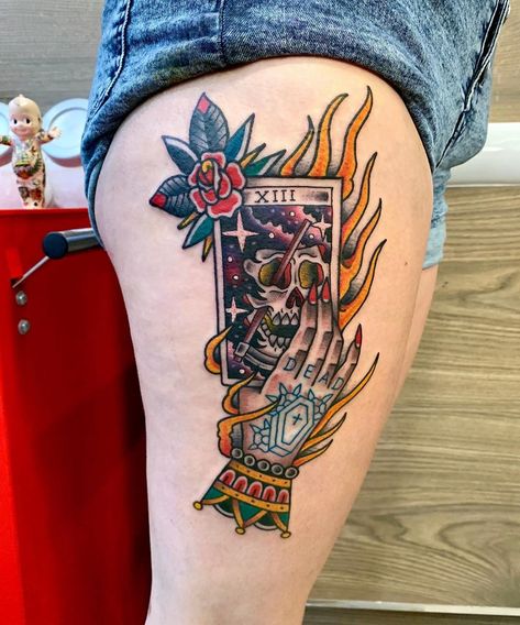 American Traditional Tarot Card, American Traditional Tarot, Traditional Tarot Card Tattoo, Traditional Witch Tattoo, Traditional Tarot Cards, Old School Tattoos, Wand Tattoo, Tarot Card Tattoo, Club Tattoo