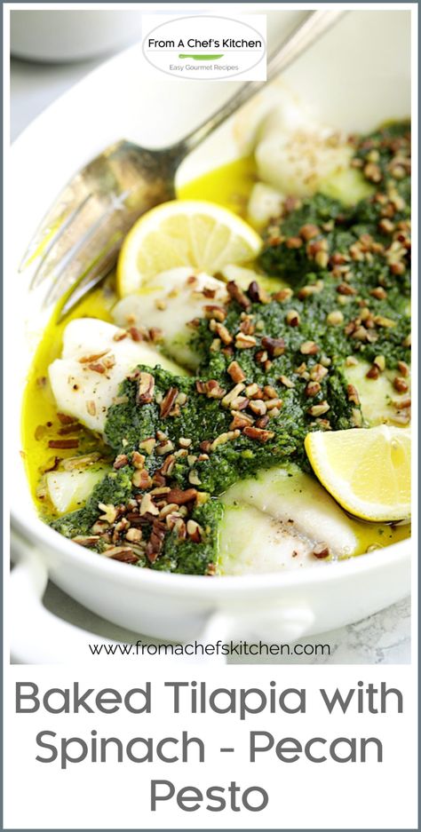 Baked Tilapia with Spinach - Pecan Pesto is an easy recipe that makes a great, healthy weeknight dinner but is elegant enough to serve to guests! Flaky, budget-friendly tilapia is topped with a lemony spinach and pecan pesto then sprinkled with more crunchy pecans for an impressive presentation!  Best of all, it bakes to perfection in under 20 minutes! #fish #fishrecipes #tilapia #tilapiarecipes #easyfishrecipes Pesto Tilapia, Pecan Pesto, Easy Fish Dinners, Baked Tilapia, Spinach Recipe, Tilapia Recipes, Easy Fish Recipes, Elegant Entertaining, Healthy Weeknight Dinners