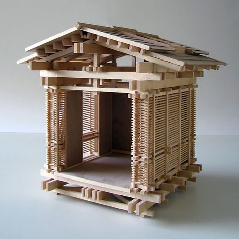 Two Architectural Models Illustrating the Bypass System of Wood Post-and-Beam Construction Post And Beam Construction, Timber Architecture, Architectural Model, Wood Architecture, Arch Model, Wooden Structure, Architecture Model Making, Wood Model, Structure Architecture