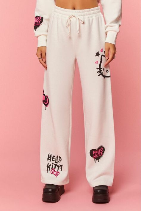 Hello Kitty Sweatpants, Hello Kitty Text, Small Hello Kitty, Kuromi Clothes, Sanrio Clothes, White Hello Kitty, Friends Graphic, 2000s Japanese Fashion, Graphic Sweatpants