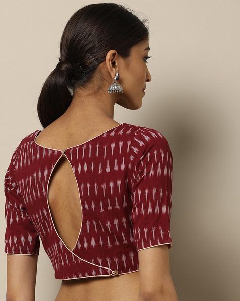 Buy Maroon Blouses for Women by Indie Picks Online | Ajio.com Blouse Neck Designs Indian, Blouses For Sarees, Ikat Blouse Designs, Blouse Simple, Designs Blouse, Ikat Blouse, Kalamkari Blouse, Cotton Saree Blouse Designs, Cotton Blouse Design