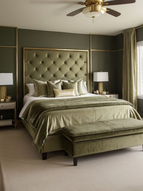 Create a soothing and stylish bedroom by incorporating an olive green accent wall. Complete the look with a plush velvet headboard and gold metallic accents for a touch of elegance. Olive Green And Gold Bedroom, Olive Green Headboard, Olive Green Accent Wall, Green And Gold Bedroom, Olive Green Bedrooms, Green Accent Wall, Green Headboard, Next Bedroom, Parents Bedroom