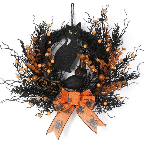 PRICES MAY VARY. [Classic Halloween Wreaths]: This Halloween wreath is decorated with classic Halloween color ornaments, black cat, black owl, orange bow, black artificial roses, black & orange berry bracnhes and black branches. [Natural Rattan Bottom]: The rattan base was painted with black color to add the Halloween atmosphere to your house. Black Cat Wreaths have a cute style and will loved by children, which are fun and full of festive atmosphere. [Halloween Theme Decoration]: Each Halloween Outdoor Halloween Wreath, Halloween Door Wreath, Halloween Decorations Wreaths, Cat Wreath, Office Halloween Decorations, Vine Garland, Outdoor Holiday Party, Owl Black, Halloween Door Wreaths