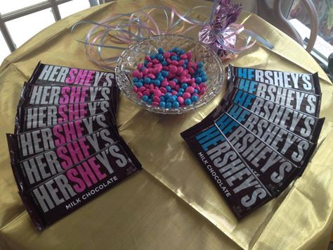 Gender Reveal Party He and She Hershey Bars made with Pink and Blue Highlighter Pink Hersey, Hershey Bachelorette Party, Hershey Bar Gender Reveal, Heartbeat Gender Prediction, He Or She Hershey Bar, Blue Highlighter, He And She, Hershey Bar, Hershey Chocolate