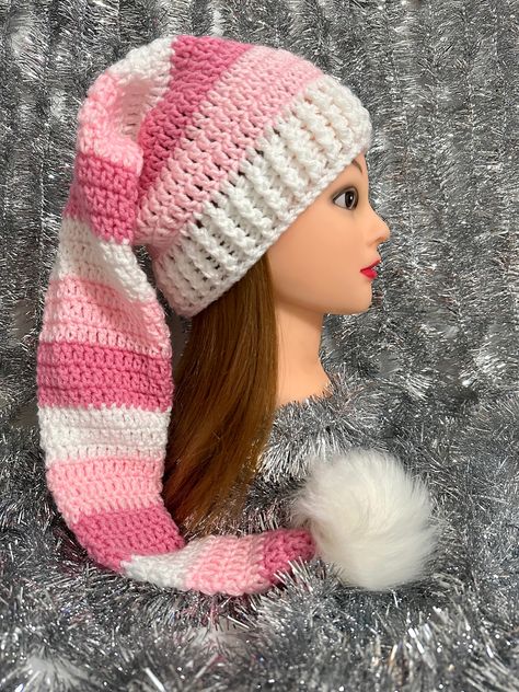 Christmas Hats Crochet, Pink Christmas Crochet, Christmas Crochet Clothes, Christmas Crochet Hat, Crochet Christmas Hat, Pink Crochet Winter Hat, Winter Pink Crochet Hat, Cute Pink Crochet Hat, Pink Crochet Winter Hat One Size