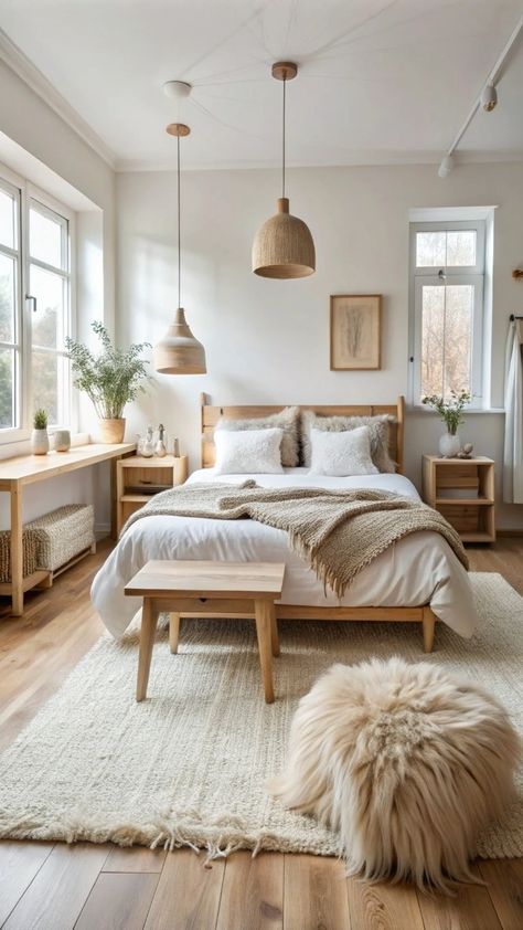 White Bedroom With Wood Furniture, Primary Bedroom Scandinavian, Beige And Wood Bedroom Ideas, Clean Neutral Bedroom, Nordic Bedroom Ideas Scandinavian Design, Small Bedroom Scandinavian Style, Small Scandinavian Bedroom Ideas, Neutral With Pop Of Color Bedroom, Bedroom Inspirations Wooden Bed